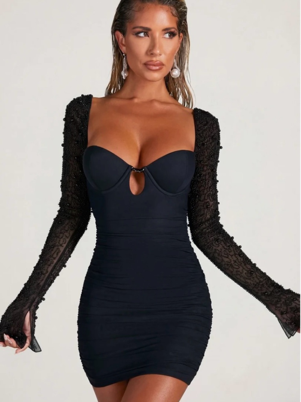 Oh Polly Black Embellished-Sleeve Bodycon Mini Dress